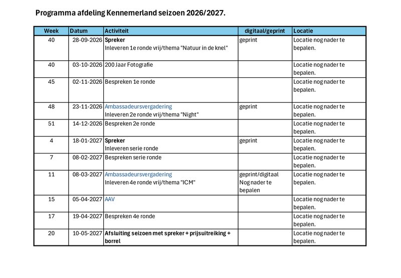 Programma afdeling Kennemerland 2026-2027